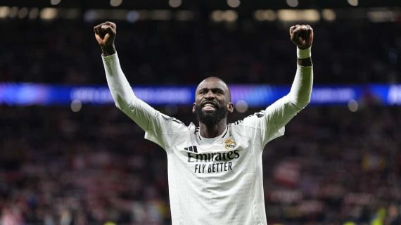 Rüdiger celebra el pase a cuartos de final de la Champions en el Metropolitano.