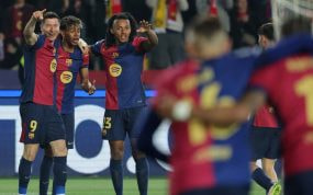 El Barça celebra el segundo gol de Lewandowski.