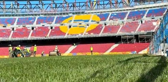 La imagen del césped luciendo en el Camp Nou de este miércoles.