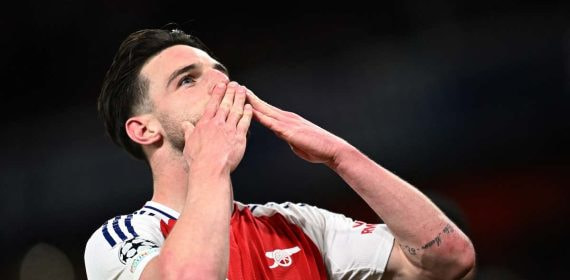 Declan Rice celebra un gol marcado al Real Madrid.