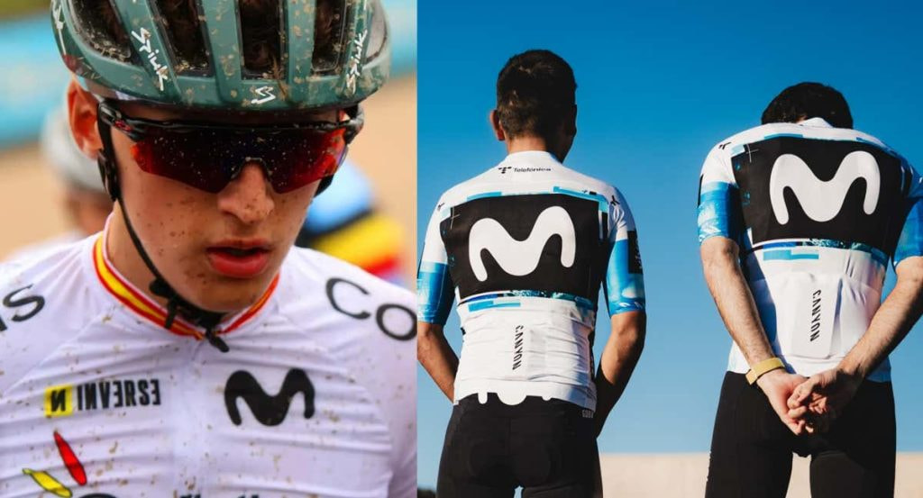 Javier Cubillas, tras finalizar la París-Roubaix Junior. A su lado, parte de la plantilla del Movistar.
