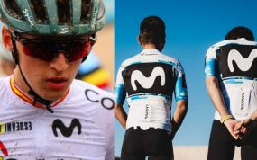 Javier Cubillas, tras finalizar la París-Roubaix Junior. A su lado, parte de la plantilla del Movistar.