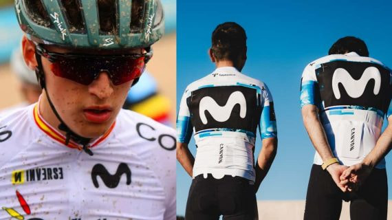 Javier Cubillas, tras finalizar la París-Roubaix Junior. A su lado, parte de la plantilla del Movistar.