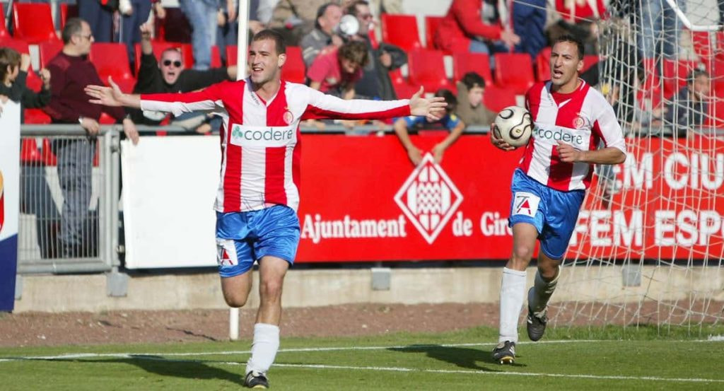 Jito Silvestre celebrando un gol con el Girona junto a Migue.