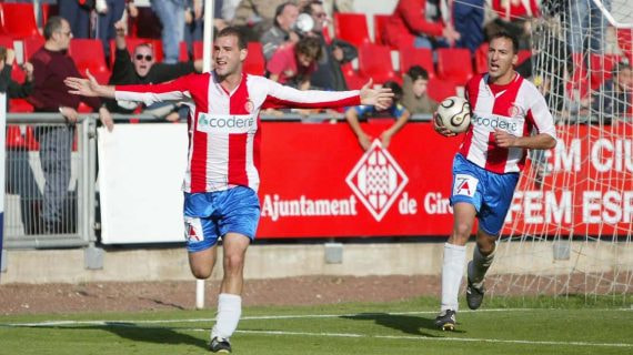 Jito Silvestre celebrando un gol con el Girona junto a Migue.