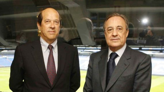 Manuel Llorente y Florentino Pérez, antes del un Real Madrid-Valencia de 2010.