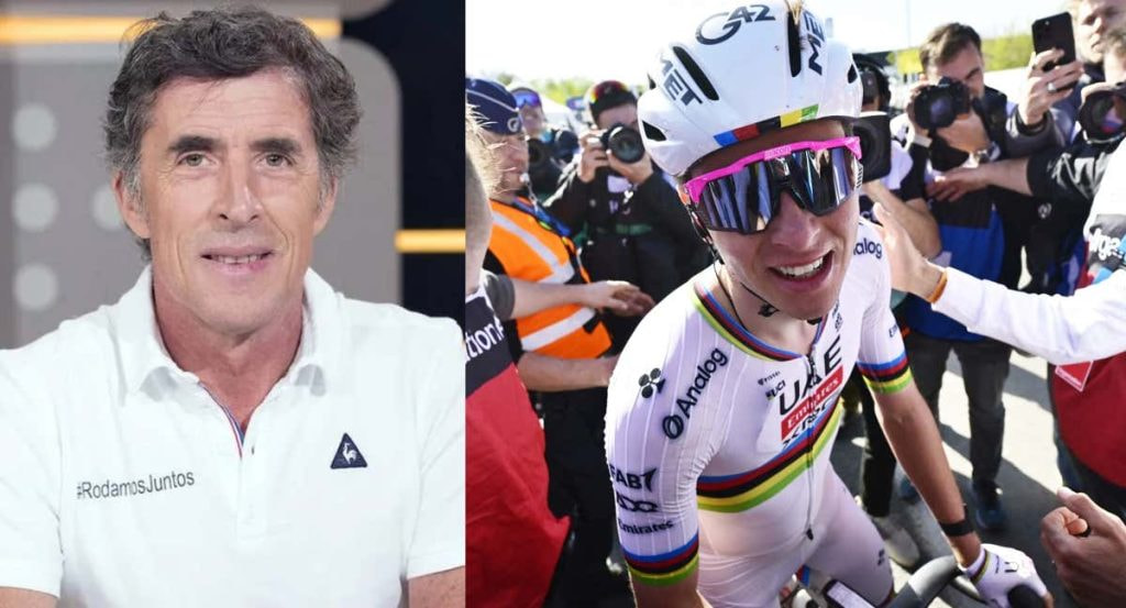 Perico Delgado, comentarista en TVE desde 1995; y Tadej Pogacar, tras ganar el Tour de Flandes.