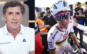 Perico Delgado, comentarista en TVE desde 1995; y Tadej Pogacar, tras ganar el Tour de Flandes.