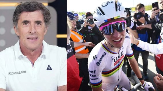 Perico Delgado, comentarista en TVE desde 1995; y Tadej Pogacar, tras ganar el Tour de Flandes.
