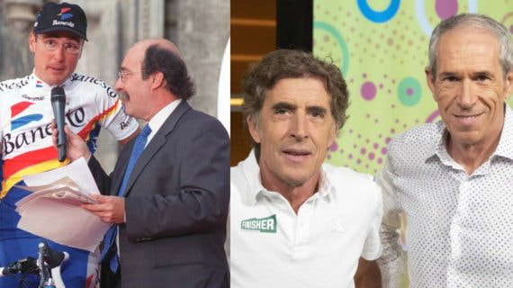 Pedro González, con Alex Zülle en la presentación de la Vuleta a España de 1999. A su derecha, Perico Delgado y Carlos de Andrés, pareja habitual de las retransmisiones desde entonces.