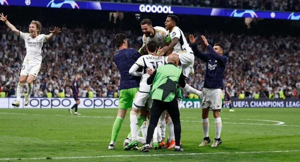 Celebración del Real Madrid en el segundo gol de Joselu contra el Bayern en 2024.