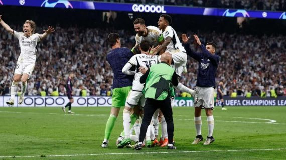 Celebración del Real Madrid en el segundo gol de Joselu contra el Bayern en 2024.