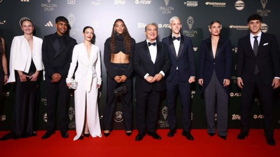 Lamine Yamal y Aitana Bonmatí, junto con el resto de la expedición del FC Barcelona en la Gala del Balón de Oro.