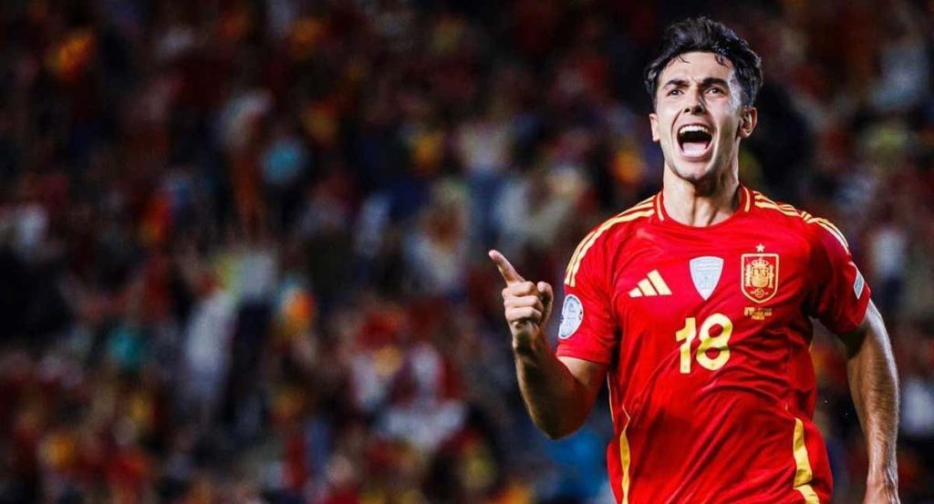 Zubimendi celebra su gol a Dinamarca en octubre.