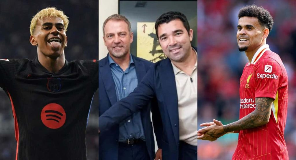 Lamine Yamal, Flick y Deco; y Luis Díaz, en un partido con el Liverpool.