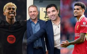 Lamine Yamal, Flick y Deco; y Luis Díaz, en un partido con el Liverpool.