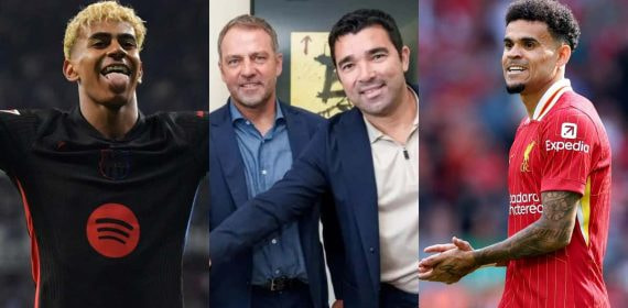 Lamine Yamal, Flick y Deco; y Luis Díaz, en un partido con el Liverpool.