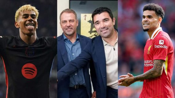 Lamine Yamal, Flick y Deco; y Luis Díaz, en un partido con el Liverpool.