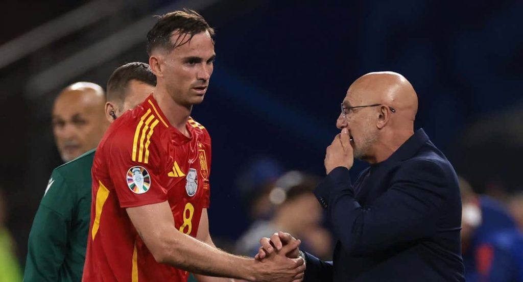 Fabián y De la Fuente se saludan en el partido ante Italia en la Eurocopa de Alemania.