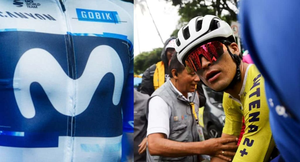 Kevin Castillo, junto a un modelo del nuevo maillot de Movistar Team para la temporada 2025.