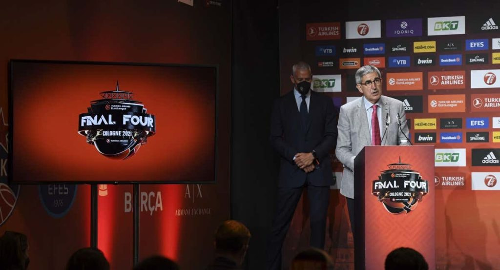 Jordi Bertomeu, durante su etapa como CEO de la Euroliga, presentando la que fue su penúltima Final Four.