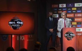 Jordi Bertomeu, durante su etapa como CEO de la Euroliga, presentando la que fue su penúltima Final Four.