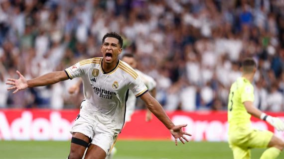 Bellingham celebrando un gol con el Real Madrid.