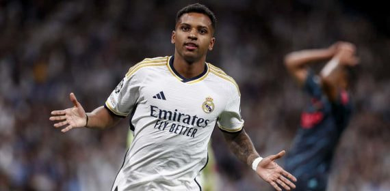 Rodrygo celebra su gol al Manchester City en la Champions 2023-24.