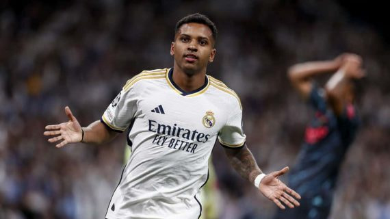 Rodrygo celebra su gol al Manchester City en la Champions 2023-24.