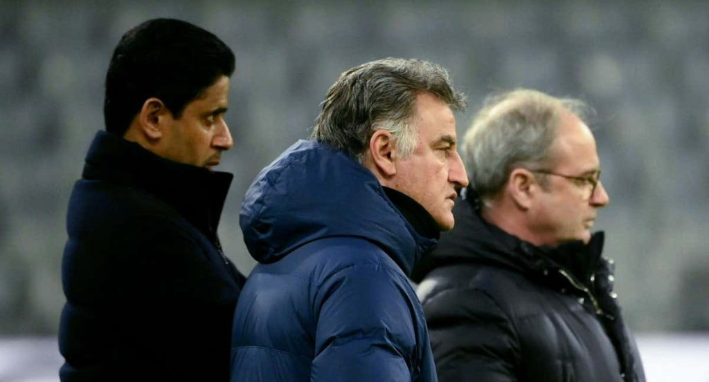 Al-Khelaifi, Christophe Galtier y Luis Campos en la previa del partido ante el Bayern.
