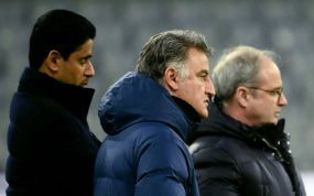 Al-Khelaifi, Christophe Galtier y Luis Campos en la previa del partido ante el Bayern.