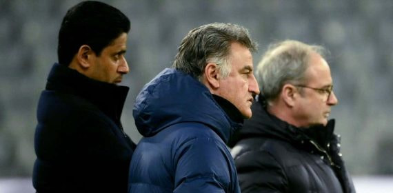 Al-Khelaifi, Christophe Galtier y Luis Campos en la previa del partido ante el Bayern.