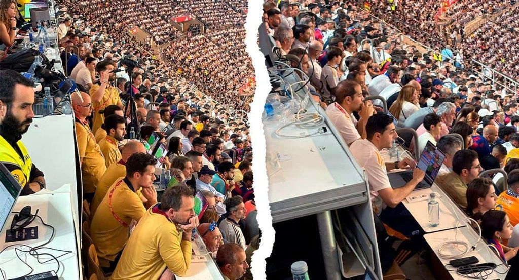 Los siete analistas del FC Barcelona y los dos del Real Madrid en La Cartuja.