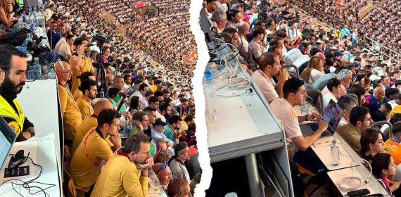 Los siete analistas del FC Barcelona y los dos del Real Madrid en La Cartuja.