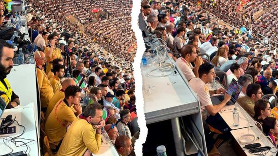 Los siete analistas del FC Barcelona y los dos del Real Madrid en La Cartuja.