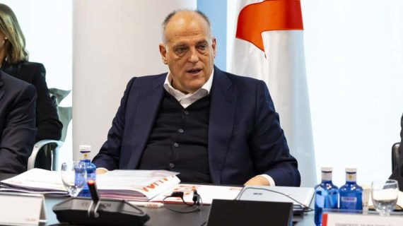 El presidente de LaLiga, Javier Tebas, durante una Asamblea de clubes.