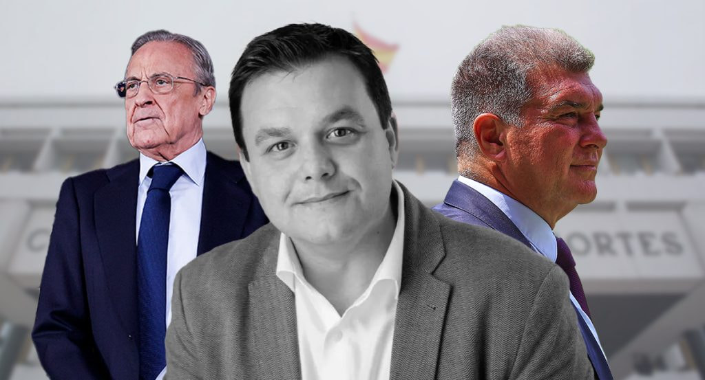 El secretario general de Cultura y Deportes, Víctor Francos, junto a Florentino Pérez y Joan Laporta.