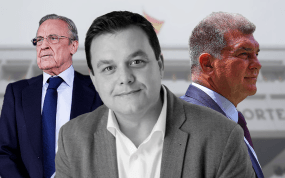 El secretario general de Cultura y Deportes, Víctor Francos, junto a Florentino Pérez y Joan Laporta.