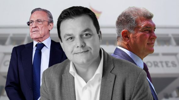 El secretario general de Cultura y Deportes, Víctor Francos, junto a Florentino Pérez y Joan Laporta.