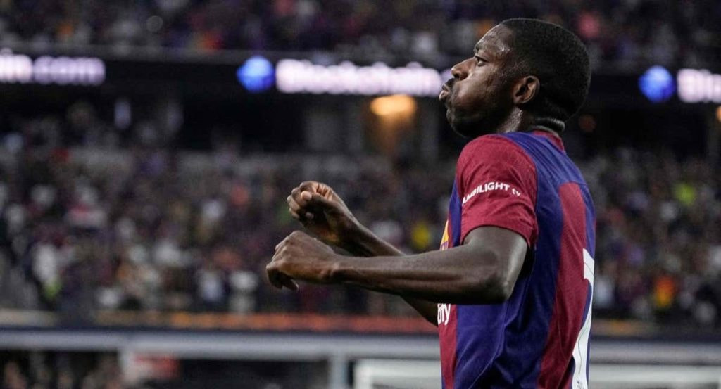 Dembelé celebra un gol con el Barcelona.