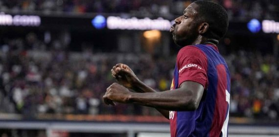 Dembelé celebra un gol con el Barcelona.