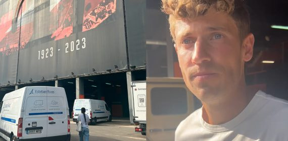 Montaje Marcos Llorente y los camiones que venían desde Madrid.