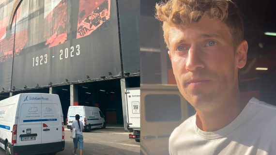 Montaje Marcos Llorente y los camiones que venían desde Madrid.