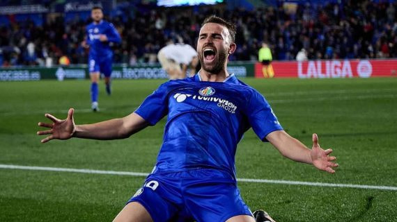 Borja Mayoral celebra un gol en el Coliseum.