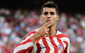 Álvaro Morata celebra un gol con el Atlético de Madrid.