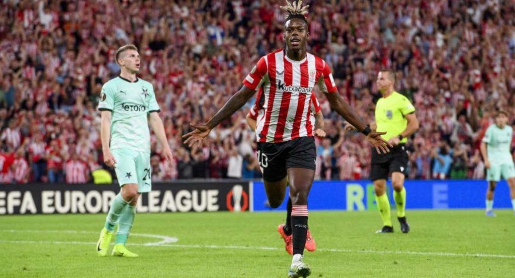 Nico Williams celebra un gol marcado en la Europa League.