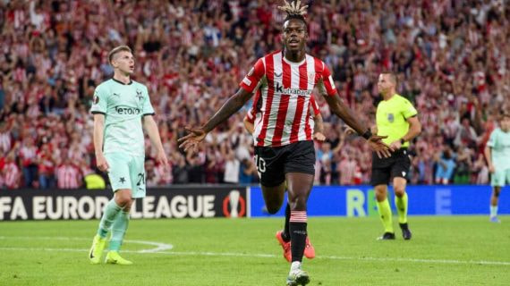 Nico Williams celebra un gol marcado en la Europa League.