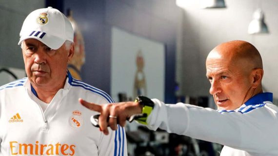 Pintus, con Ancelotti en el gimnasio de Valdebebas.