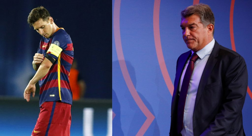 Leo Messi como capitán del Barcelona y Joan Laporta.