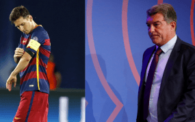Leo Messi como capitán del Barcelona y Joan Laporta.